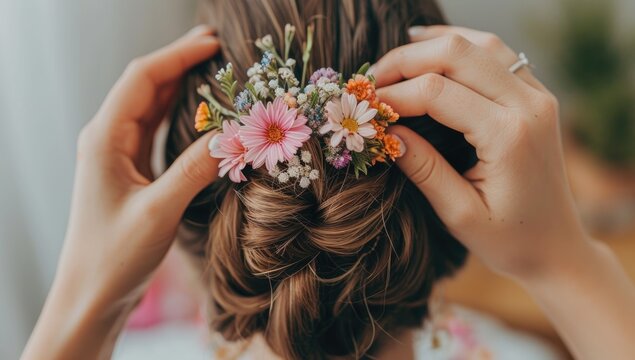 Wedding hairstyle with flowers in the hands of the bride