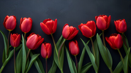 Red tulip flowers on black border background top view.generative ai