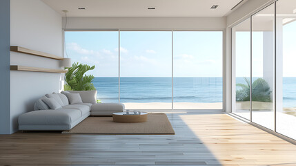 Sea view living room with wooden floor and empty white wall background in luxury beach house, Modern interior of vacation home - Office lounge 3D rendering. generative ai