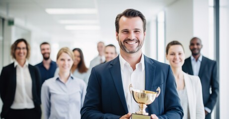 Business professional holding a trophy, surrounded by applauding colleagues, symbolizing...