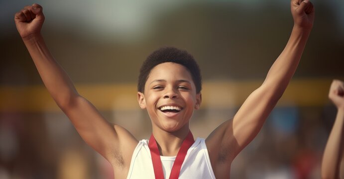 Victory moment of a young athlete celebrating with a medal, joy and triumph in the air, against a cheering crowd backdrop.