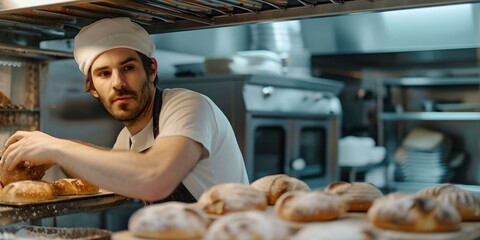 Artisan baker arranging freshly baked bread in a cozy bakery. handcrafted food, small business concept. lifestyle portrait. AI