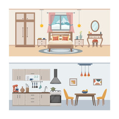 Apartment inside. Set with interiors, bathroom, living room and bedroom. Furnished rooms. Flat vector illustration of rooms with furniture.