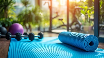 Yoga Wellness: Active Lifestyle and Exercise on a Blue Mat with Gym Equipment - obrazy, fototapety, plakaty