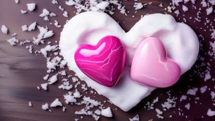 Two stone or marble, quarts Hearts, On winter snow floor top, couple, love, valentine handcraft symbol