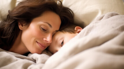 Mother and her young child, snuggled up and smiling in a bright, cozy bed