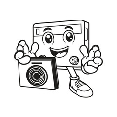 Design character radio vintage retro.Illustration retro radio with a happy face and a camera under its feet. It reminds me of the good old days when music was simple and fun. Part 1