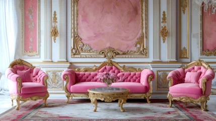 Fotobehang Royal furniture in a luxurious interior pink pattern , generative ai © Saleem