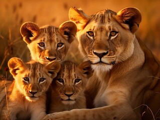 Lions family with cubs lying down in a grassy field in the jungle