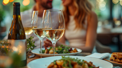 Two glasses of white wine on a table filled with plates of food. A couple are sitting at the table, smiling at each other.
