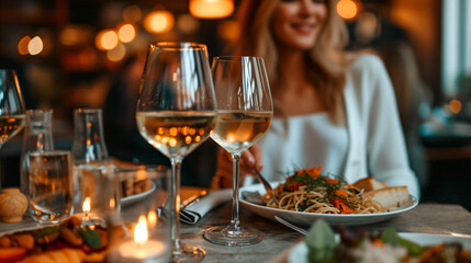 Obraz premium Two glasses of white wine on a table filled with plates of food. A couple are sitting at the table, smiling at each other.