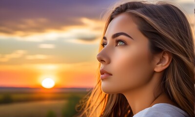 Close up portrait of beautiful girl on sunset background. Ecology and environment concept	