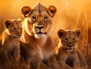 Lions family with cubs lying down in a grassy field in the jungle