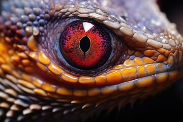 Fototapeta premium A close-up photograph showcasing the vibrant colors and vivid eyes of a lizard, creating an eye-catching image