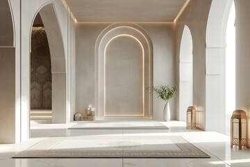 Classic and Minimalist Harmony: 3D Illustration of a Mushalla Interior