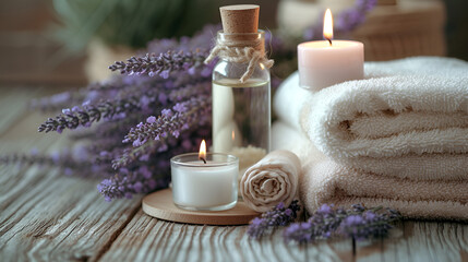 Fototapeta na wymiar Lavender spa with essensial oil and white towels Generated Ai 