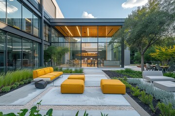 Stylish Corporate Outdoor Lounge with Yellow Sofas 