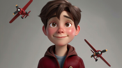 A charming cartoon boy with big, sparkling eyes and an adorable smile is captured in a stunning 3D headshot illustration. He is wearing a stylish burgundy jacket, hinting at his playful and
