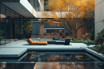 Luxurious Urban Patio with Reflecting Pool in Autumn. Luxurious Patio with Reflecting Pool and Autumn Trees
