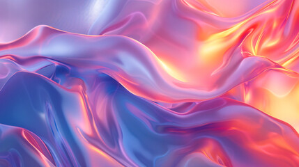 Fototapeta premium Colorful abstract wavy, flowing liquid texture in shades of pink, purple, and blue. The background appears to be made of holographic glass, shiny and reflective