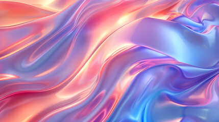 Obraz premium Colorful abstract wavy, flowing liquid texture in shades of pink, purple, and blue. The background appears to be made of holographic glass, shiny and reflective