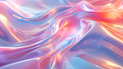 Obraz premium Colorful abstract wavy, flowing liquid texture in shades of pink, purple, and blue. The background appears to be made of holographic glass, shiny and reflective