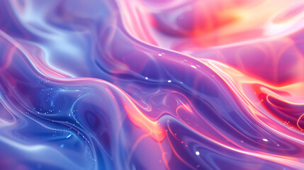Obraz premium Colorful abstract wavy, flowing liquid texture in shades of pink, purple, and blue. The background appears to be made of holographic glass, shiny and reflective