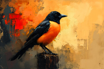 Peinture d'un oiseau perché sur un piquet