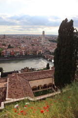 Old town of Verona on the river bank in spring, view from above