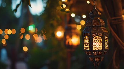 Ornamental Arabic lantern with burning candle glowing at night invitation for Muslim holy month Ramadan Kareem