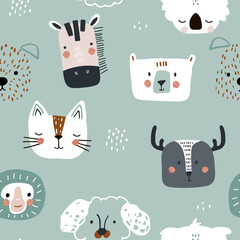 Seamless childish pattern with cute animals heads. Modern cartoon dog, cat, bear, monkey,dear , koala, zebra texture for fabric, textile, wallpaper. Vector illustration