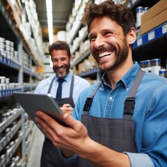 Fototapeta premium smiling and laughing salesman in a warehouse standing checking supplies on his tablet