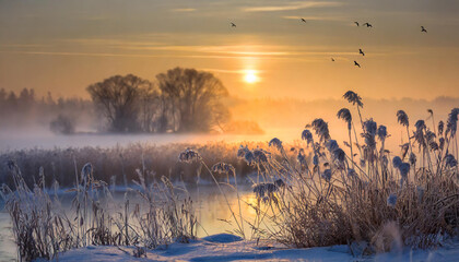 Zimowy mglisty poranek nad jeziorem. Generative AI