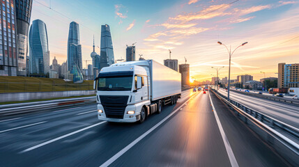Naklejka premium A white delivery truck speeding down the highway against a backdrop of an urban skyline at sunset.