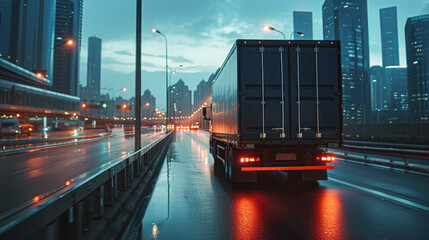 A white delivery truck speeding down the highway against a backdrop of an urban skyline at sunset.