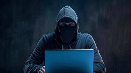 An unidentified hacker wearing a balaclava and hoodie using a laptop in a dark environment, concept of cyber security and digital crime.
