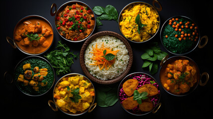 Assorted Indian curry and rice dishes shot.