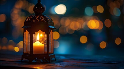 Ornamental Arabic lantern with burning candle glowing at night invitation for Muslim holy month Ramadan Kareem