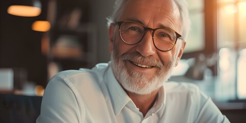 Fototapeta premium Portrait of a smiling elderly man with glasses. warm indoor lighting. casual and friendly. perfect for lifestyle presentation. AI