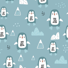 Materiał do szycia Cute seamless penguin patterns on blue. Cartoon penguins, icebergs,winter texture. Perfect for fabric, textile, Wallpapers. Vector illustration