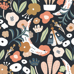 Materiał do szycia Floral seamless pattern with moon, moth, leaves, flowers. Flourish garden texture. Perfect for fabric, wallpaper, textile. Vector illustration.