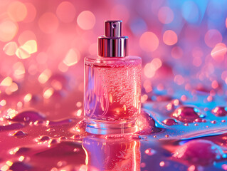 Obraz na płótnie Canvas A clear pink perfume bottle on a reflective surface with a pink and purple bokeh background.