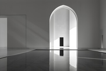 Striking Black and White Visual: Mosque Interior Door and Window in Monochrome