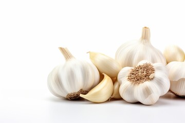 Garlic stands out against a clear white backdrop, emphasizing its distinctive form and appealing texture.
