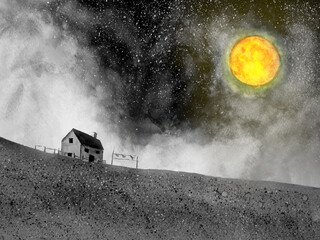 cabin house in the field with a full moon. watercolor painting cartoon night landscape. - 726986598