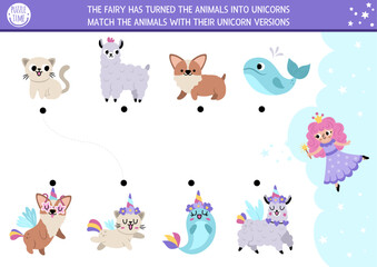 Unicorn matching activity with cute fantasy creatures with horns. Funny fairytale puzzle with cat, dog, whale, llama. Match the animals game or printable worksheet. Magic world match up page.