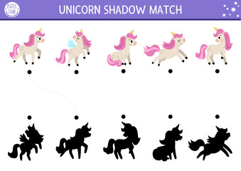 Unicorn shadow matching activity with cute horses with horns and pink mane. Magic world puzzle with cute characters. Find correct silhouette printable worksheet, game. Fairytale page for kids.