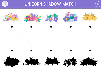 Unicorn shadow matching activity with treasures. Magic world puzzle with cute gem stone, crystal, flower, fallen stars. Find correct silhouette printable worksheet, game. Fairytale page for kids.