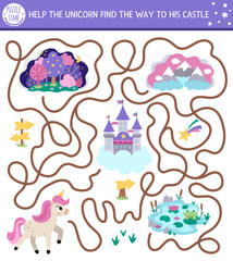Unicorn maze for kids with fantasy horse with castle, magic forest, mountains, lake. Magic world preschool printable activity with nature scenes. Simple fairytale labyrinth game or puzzle.