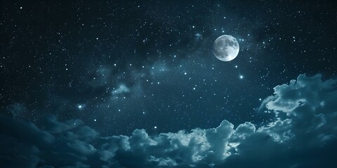 Serene night sky with full moon and twinkling stars. perfect for backgrounds and fantasy settings. dreamy ambiance captured. AI